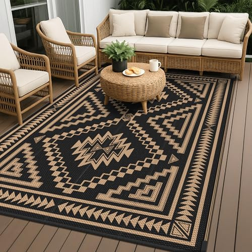 GENIMO Tappeto da Esterno,Tappeto Per Esterno Impermeabili Eeversibili Lavabili, Antipioggia per Terrazze,Giardini,Camper,Picnic,Balcone,Losanga Nero Marrone,180x275 cm