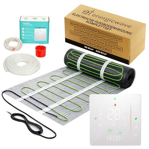 Elektrische Fußbodenheizung 150 W/m² – Heizmatte Komplettset mit WLAN-Thermostat, Fußbodenheizmatte für Fliesen, Steinzeug, Steinböden – 2,5m²