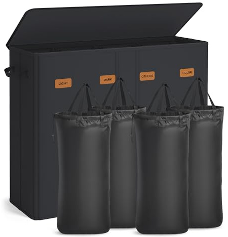 SONGMICS Wäschekorb mit 4 Fächern, 210 L, mit Deckel, 5 Etiketten, herausnehmbarer und waschbarer Innensack, Waschküche Schlafzimmer, tintenschwarz RLH014B01