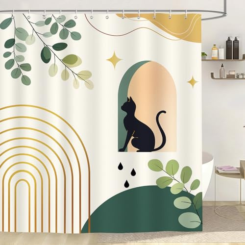 Dazzlewall Boho Duschvorhang Schwarze Katze 180x180cm, Grüne Blätter Beige Abstrakt Duschvorhänge, Wasserdicht Waschbar Polyester Textil Stoff für Badezimmer mit 12 Haken