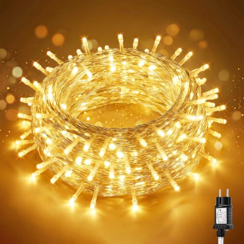 SALCAR Luci Natalizie 5m 50 LED per Esterno, Catena luminosa con 8 Modalità, Timer e Memoria, IP44 Impermeabile, per Decorazioni Natale Feste Matrimonio, Cavo Trasparente, Bianco Caldo