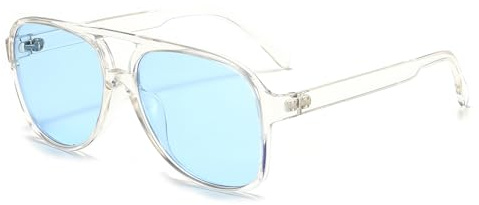 Long Keeper Retro 70s Polarised Pilot Sunglasses for Women Men Oversized Double Bridge Aviation Sunglasses Large Frame Vintage Shades UV400 Protection (Clear Frame Blue Lens)