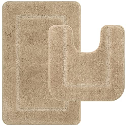 Pauwer Microfaser Weiches Badematten Set 2 teilige, Saugfähiges Badteppich rutschfeste Waschbare Badematten und WC Vorleger Badvorleger (Beige, 53 x 86 cm + 50 x 50 cm)
