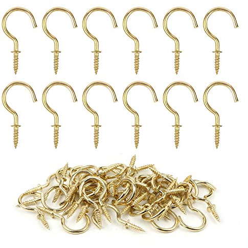 GODLOVEM 40 Pieces Brass Plated Metal Screw-in Ceiling Hooks Cup Hooks, 1.46 Inch, Gold