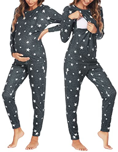 Ekouaer Women's Maternity Nursing Pyjamas Set Long Sleeve Dark Gray XL