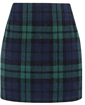 Green Skirt Women 2025 Fall Winter High Waisted Tartan Wool Plaid Pencil Bodycon Mini Skirt (Green, XL)