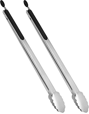 UPTALY Pinces à barbecue extra longues de 45 cm (2 noires), pinces à barbecue en acier inoxydable avec long manche, grande pince à nourriture, pince de cuisson allongée, pince de service étendue