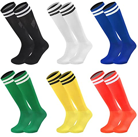 Geebuzz 6 Pairs Kids Youth Football Socks Solid Striped Knee High Tube Soccer Sports Socks for Boys Girls 6-12 Years Old