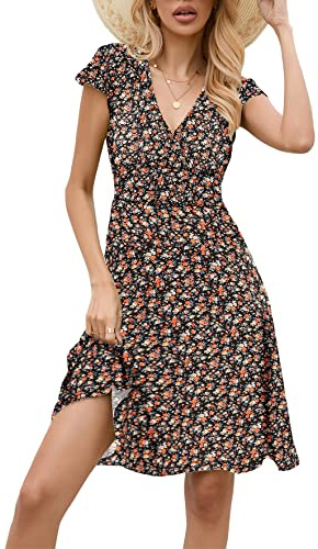 Zeagoo Vestiti in Jersey da Donna A-Line Maniche Corte Abiti Estivi a Fiori Stile Casual Motivi Flori Arancione S