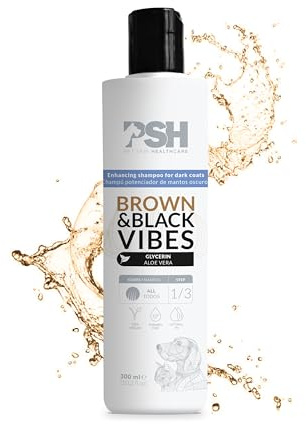 PSH Brown & Black Vibes - Champú para Perros y Gatos Hidratante - Pelo Marrón y Negro - Potencia Tonos Oscuros - con Glicerina y Aloe Vera – 100% Vegano - 300 ml
