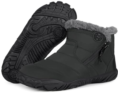 Boots for Men Women Winter Barefoot Shoes Non-Slip Warm Fur Lined Snow Boots Wide Toe Box Outdoor, Grey, 10.5 UK