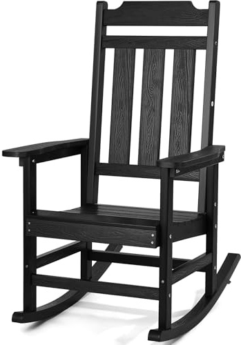 VEVOR Chaise à bascule, capacité de charge 181,44 kg, chaise berçante d'extérieur HIPS, fauteuil de relaxation à dossier haut avec accoudoirs lisses, pour jardin, balcon, porche, terrasse, patio, noir