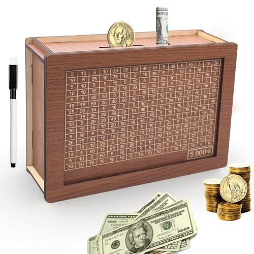 Hucha para Ayudar a Los Niños a Desarrollar el Hábito de Ahorro - 5000 € | Hucha Madera con Objetivos de Ahorro y Cifras para Comprobar,Hucha con Contador para Decorar de Madera