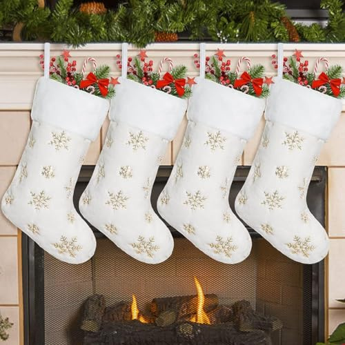 ASFWAGQ 4 Stück Weihnachtsstrumpf Nikolausstrumpf Groß Socken Geschenkbeutel Weihnachten Stockings zum Befüllen Hängende Taschen für Kamindekoration Weihnachtsbaum Deko (Gold)