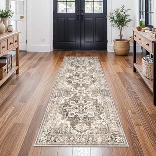 Washable Hallway Runner Rug 2x6: Soft Kitchen Rug Non Slip Rug Runner with Rubber Backing for Living Room Bedroom Bathroom Non Shedding Farmhouse Carpet Runner Rug (Beige/Brown/Grey, 2x6)