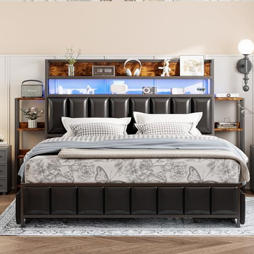 RanRan Cama tapizada, con varios estantes, con iluminación, con compartimentos, cabecero con almacenamiento, marco de cama de hierro macizo, cama doble, edredón de piel sintética (negro, 160 x 200 cm)