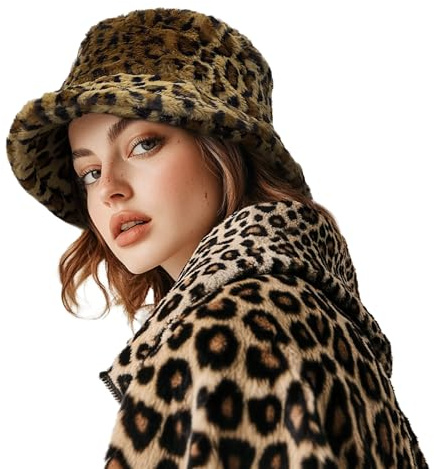 CLAPE Cappello da Pescatore Invernale Leopardato Cappello a Secchiello in Pelliccia Sintetica Cappello Peloso Caldo Cappello da Pesca a Tesa Larga Leopard Brown FHWP2401