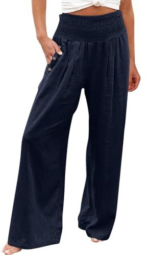 Femme Été Coton Lin Pantalon Vetement Large Souple Haute Pantalon Noir Femme Coton Lin Detente Large Taille Elastique Tendances Tenue Soldes Amazon 2025 2#Marine M