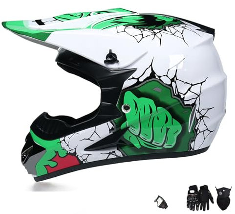 WMDMJT Casco Cross Moto Verde Integrale, Casco MTB con Occhiali Maschera Guanti, Casco Motocross Uomo Fuoristrada, Casco Moto per Bambini E Ragazzi,Green2-M