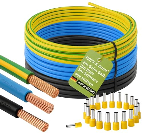 INVOLT H07V-K 6 mm² Verdrahtungsleitung 5m Schwarz je 2m Blau +Grün Gelb Set, mit 40 Aderendhülsen Made in Germany