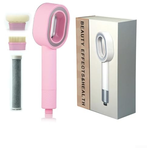 Soffione doccia portatile ad alta pressione con filtro al carbone integrato, design in spugna ABS 3 in 1 per calcare e impurità, include spazzole da bagno, senza attrezzi (rosa)