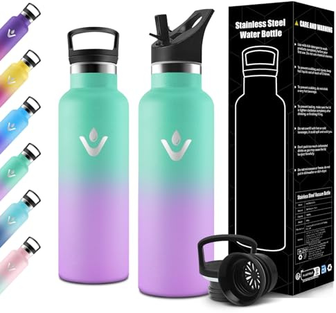 Motswedi Borraccia Termica Bambini, 500ml Doppia Parete, Bottiglia Termica, a Prova di Perdite, Borraccia con Cannuccia, Acciaio Inox, Borracce Termiche, per Campeggio, Palestra, Verde & Viola