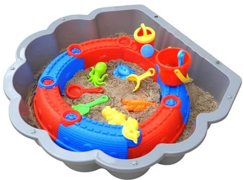 Conchiglia per sabbia e acqua, grigio chiaro, con sabbiera rotonda e giocattolo di sabbia, rosso/blu, per bambini da 1 a 6 anni, giocattolo da spiaggia e da giardino