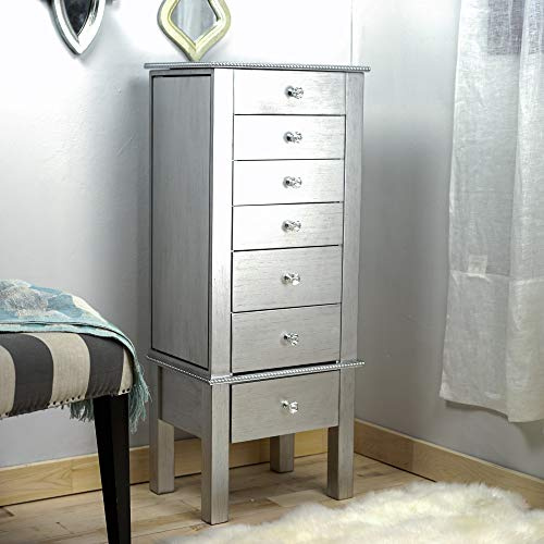 Hives and Honey Lauren Jewelry Armoire, 6 Felt-Lined Drawers, Side Necklace Hooks, Built-In Mirror, Cord Port, Elegant Beaded Trim, Jewel Knobs, Jewelry Storage Organizer, Silver