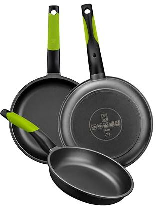 BRA Prior Set de 3 Sartenes, 20-24-28 cm, Aluminio Fundido Antiadherente, con Dos Salvamanteles Safe Verdes, Aptas para Todo Tipo de Cocinas Incluida Inducción