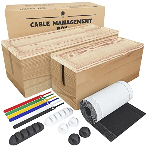 Nature Supplies Set mit 2 Kabelboxen aus Kiefernholz - 1 Klein Kabelbox als Schreibtisch-Organizer, 1 Große Box für den Boden für Kabelorganisation (Dunkelbraun)