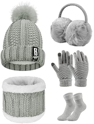 Voqeen Juego de 5 Piezas de Gorro y Bufanda de Punto Guantes de Pantalla táctil Guantes Orejeras de Felpa de Invierno Calcetines térmicos para Gorro de esquí Deportes al Aire Libre