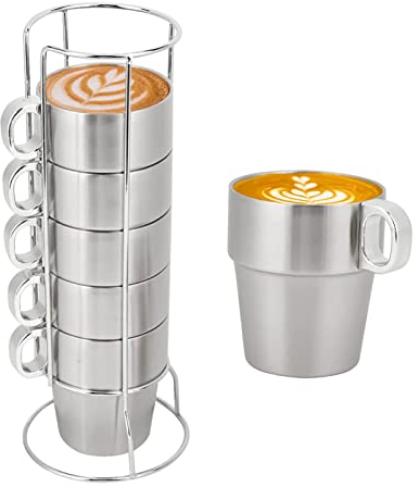 HERCHR 6er Set Edelstahl Kaffeetassen stapelbar, Edelstahl Teetassen mit Griff Metall Bierbecher Trinkbecher für Erwachsene oder Kinder
