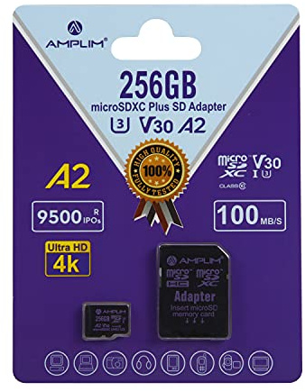 Amplim Micro SD Card 256GB, New 2021 MicroSD Memory Plus Adapter, Extreme High Speed 170MB/S A2 MicroSDXC U3 Class 10 V30 UHS-I for Nintendo-Switch, GoPro Hero, Surface, Phone, Camera Cam, Tablet