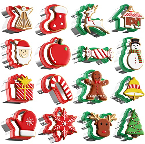Christmas Cookie cutters Set 16 Pieces, Holiday Cookie Cutters with Comfort Grip, Stainless Steel Baking Cutters Christmas Shapes for Xmas, Gingerbread Man, Snowflakes, Christmas Tree, Santa, etc