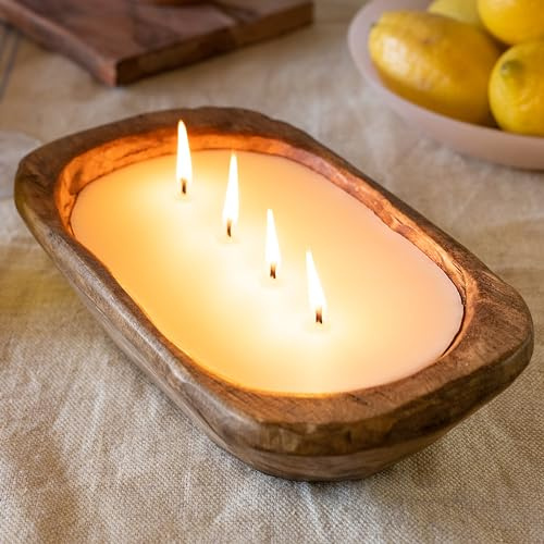 Wooden Dough Bowl Candle 10 Inch, Spanish Oak Wooden Dough Bowl Soy Candle, Farmhouse Doughbowl for Table, Wood Boat 4 Wick Tabletop Decor