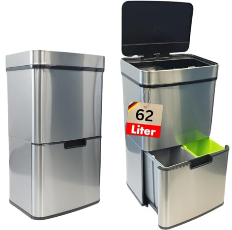 casa pura Mülleimer Küche mit Bewegungssensor Silber 62 L mit Bewegunssensor - Abfalleimer aus Edelstahl - Eckiger Abfalleimer mit Tragegriff Dirk