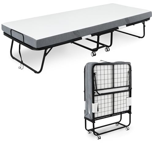 HOMCOM Folding Bed with 10cm Mattress, Portable Foldable Guest Bed with Sturdy Metal Frame on Wheels
