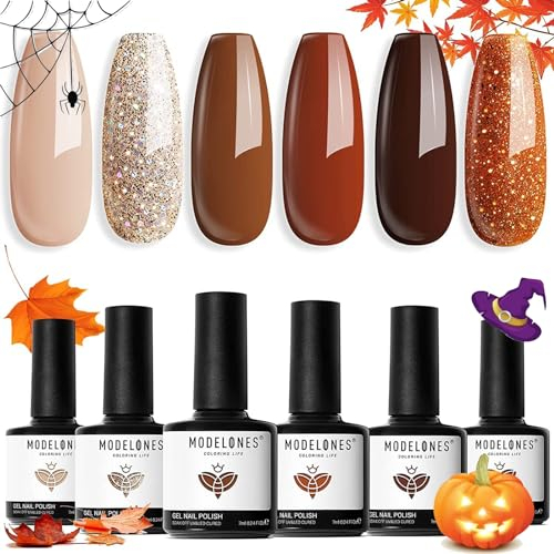 Modelones Esmaltes Semipermanentes para Uñas en Gel, 6 Colores Marrón Dorado Otoño Invierno Kit Pintauñas Semipermanentes Uñas de Gel UV LED en Gel Nail Polish Esmalte Uñas para Manicura