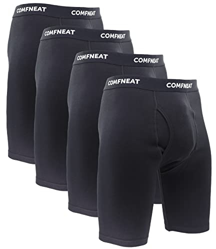 Comfneat Men's 9 Long Leg Cotton Boxer Briefs Stretchy Comfy Underwear 4-Pack (Black 4-Pack, XL)