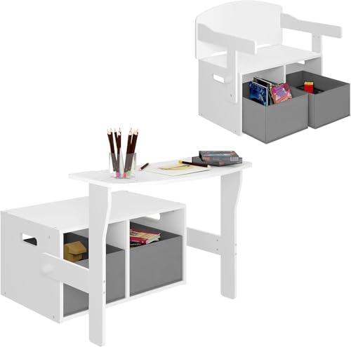 Lestarain Kindertisch mit Sitzbank, Kindersitzgruppe mit Stauraum, 2 in 1 Kindermöbel, Kindertruhenbank mit Aufbewahrungsboxen, für Kinderzimmer Spielzimmer, Weiß + Grau