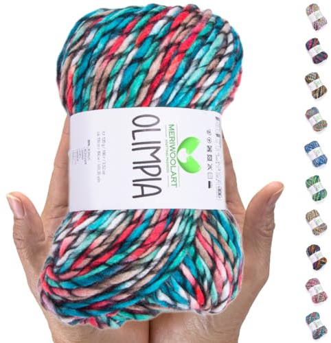MeriWoolArt Merinoullgarn, 100 m Flerfärgat Tjockt Mjukt Stickgarn för Tröja och Kofta, XXL Jättestickgarn för Handstickning, DIY Tjock Ull för Halsdukar, Filtr, Sjalar och Vintergåvor