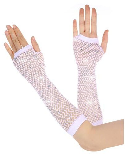Netzhandschuhe Weiß Lange Strass Fischnetz Fingerlose Handschuhe Netzhandschuhe für Damen mit Strass Fishnet Glänzende Modische Opernhandschuhe für 80er Jahre Kostümparty Halloween Cosplay Zubehör