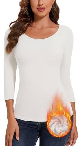 SERSARY Thermoshirt Shirt 3/4 Arm Damen Thermo Unterhemd Oberteil Women's T-Shirts Dünne Pullover Dreiviertelarm Winter Unterziehshirt Basic Bluse Thermounterhemd mit Rundhals Langarm,Weiß,L