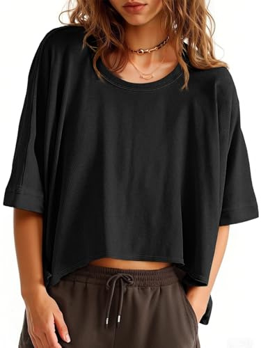 Cicy Bell Damen Oversize T-Shirts Kurz Crop Tops Sommer Rundhals Kurzärmeliges Sport Oberteil Sommerblusen Kurzarm Gym Top Basic Tee Bauchfrei Shirts
