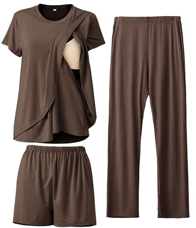 SUNNYBUY 3-Piece Nursing Pyjama Set for Pregnancy and Breastfeeding | Discreet breastfeeding, nursing top, shorts & trousers, adjustable waistband, soft and breathable, everyday and home