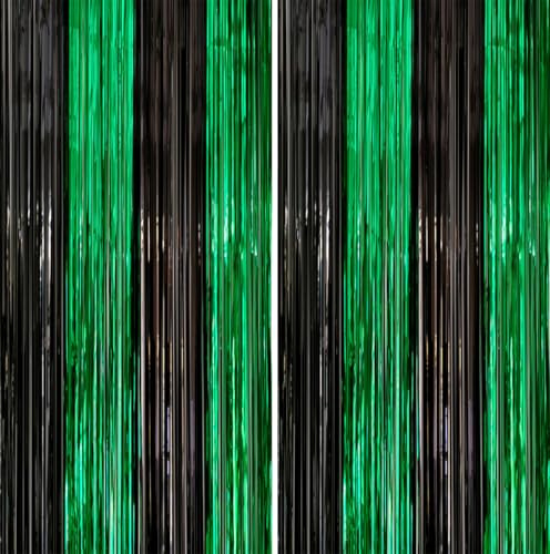 2 Pack 3.3x6.6ft Black Green Metallic Tinsel Foil Fringe Backdrop
