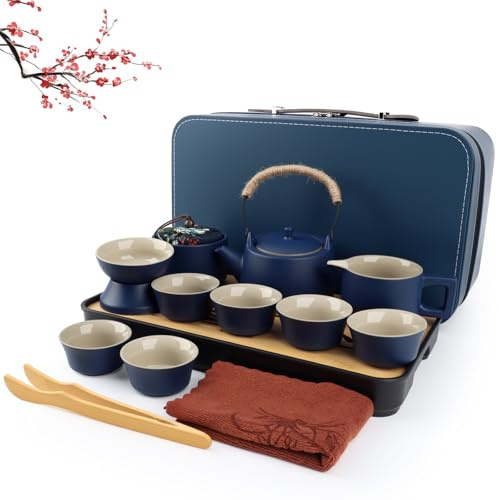 14 Piezas Juego de té Chino de Cerámica,Juego de té Japonés, Bonito Juego de té de Porcelana,Juego de Tetera China de Gongfu,Juego de Tetera Portátil de Cerámica,Tetera Tradicional de Porcelana