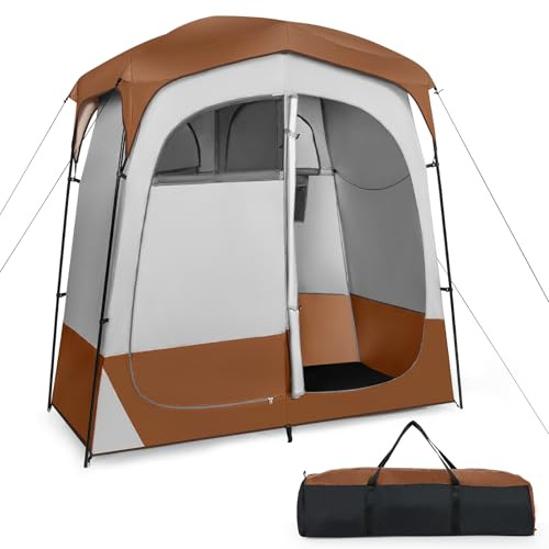 TANGZON 2-Room Privacy Shower Tent, Portable Changing Room Tent with Carry Bag, 2 Windows & 2 Doors, Outdoor Toilet/Dressing Shelter for Camping, Hiking, Traveling and Backpacking (Brown)