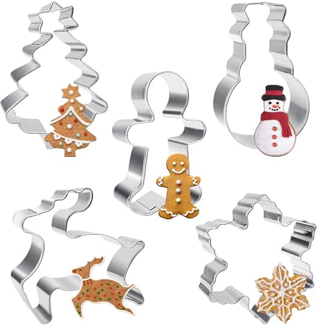 Quacc Christmas Cookie Cutter Set, 5 PCS Holiday Cookie Molds Xmas Biscuit Cutters - Snowman, Christmas Tree, Reindeer, Gingerbread Man, Snowflake for Baking