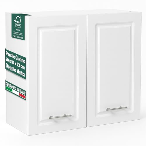 Shally Dogan Pensile da Cucina a Parete Design Boiserie, Armadio Sospeso in Legno con Doppia Anta, 1 Ripiano e 2 Scomparti, Armadietto a Muro Spazioso Resistente, 80 x 32 x 72H cm (Bianco)